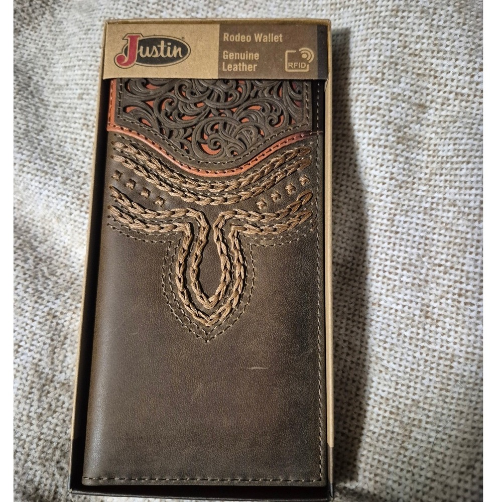 Justin Rodeo Wallet Genuine Leather Western Brown RFID Blocking New